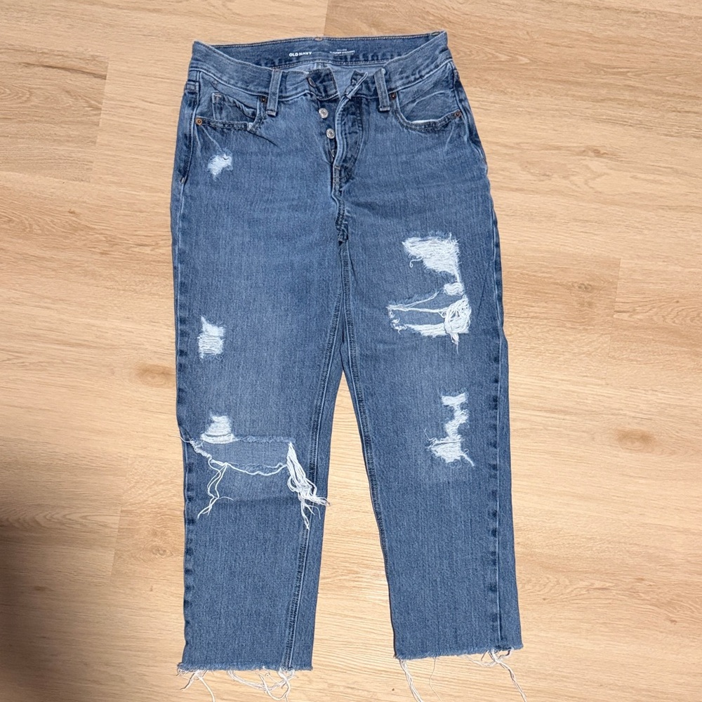 Old Navy High Rise Slouchy Straight Ankle Crop Jeans in Medium Blue
